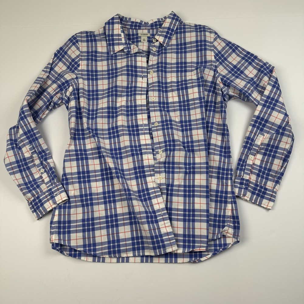 LL Bean Shirt Mens Large Blue White Plaid Button Down Long Sleeve Pocket Cotton